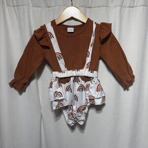 Baby Girls Rainbow Ruffle Long Sleeve Romper Suspender Skirt Outfit 9-12 Months
